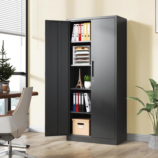 Metal Storage Cabinet with Lock, 72"H Garage Storage Cabinet, Black