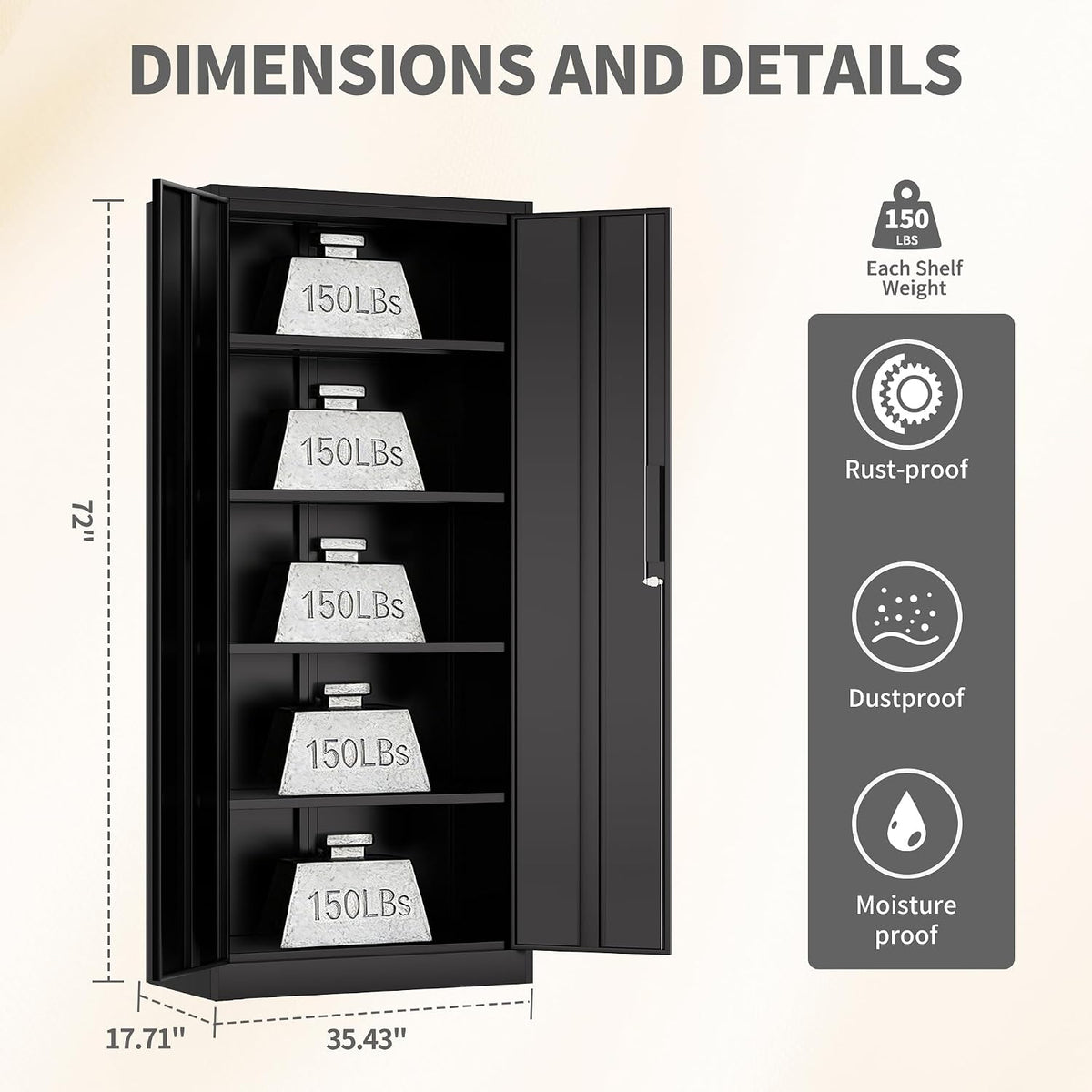 Metal Storage Cabinet with Lock, 72"H Garage Storage Cabinet, Black