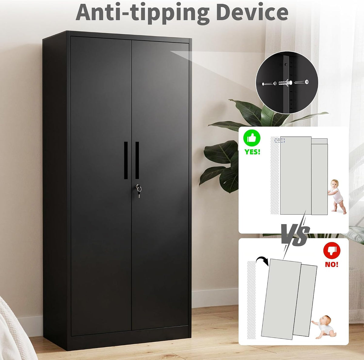 Metal Storage Cabinet with Lock, 72"H Garage Storage Cabinet, Black