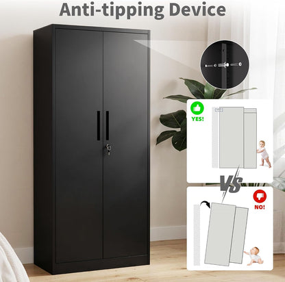 Metal Storage Cabinet with Lock, 72"H Garage Storage Cabinet, Black