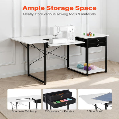 Multipurpose Sewing Table with Foldable Shelf & Adjustable Height - White