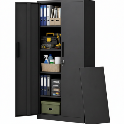 Metal Storage Cabinet with Lock, 72"H Garage Storage Cabinet, Black