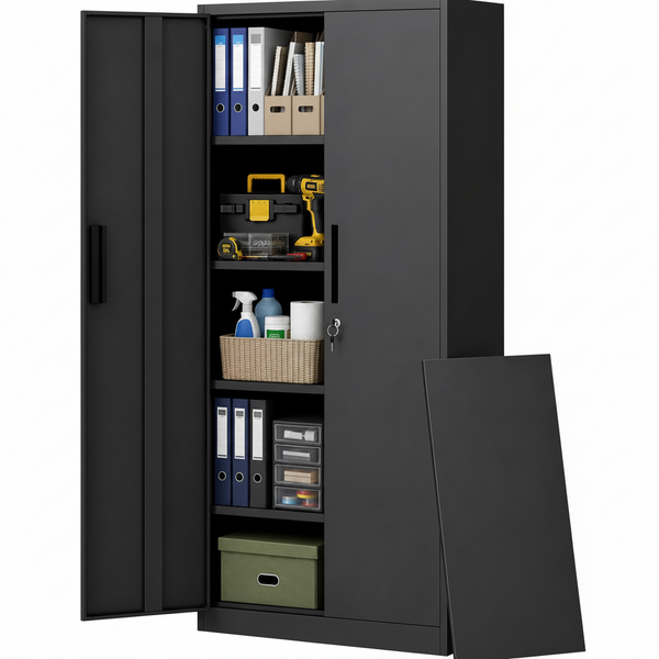 Metal Storage Cabinet with Lock, 72"H Garage Storage Cabinet, Black