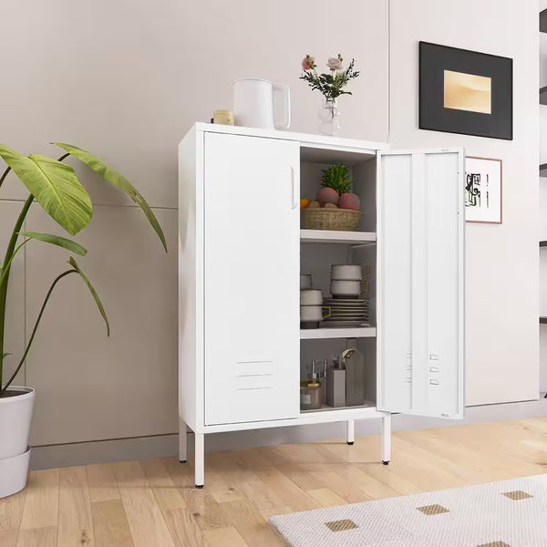 Steel Storage Cabinet for Kitchen, 2 Door Miscellaneous Storage Cabinet, Garage Tool Storage Cabinet in White