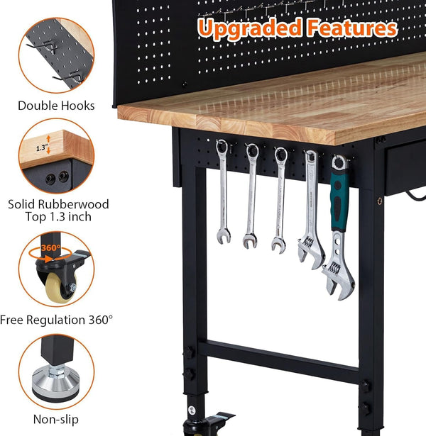 Adjustable Height Workbench Built for Heavy-Duty Use, 2000 LBS Capacity, Power Outlets, 60 Inch Surface