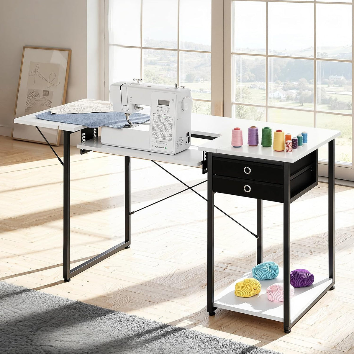 Multipurpose Sewing Table with Foldable Shelf & Adjustable Height - White