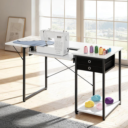 Multipurpose Sewing Table with Foldable Shelf & Adjustable Height - White