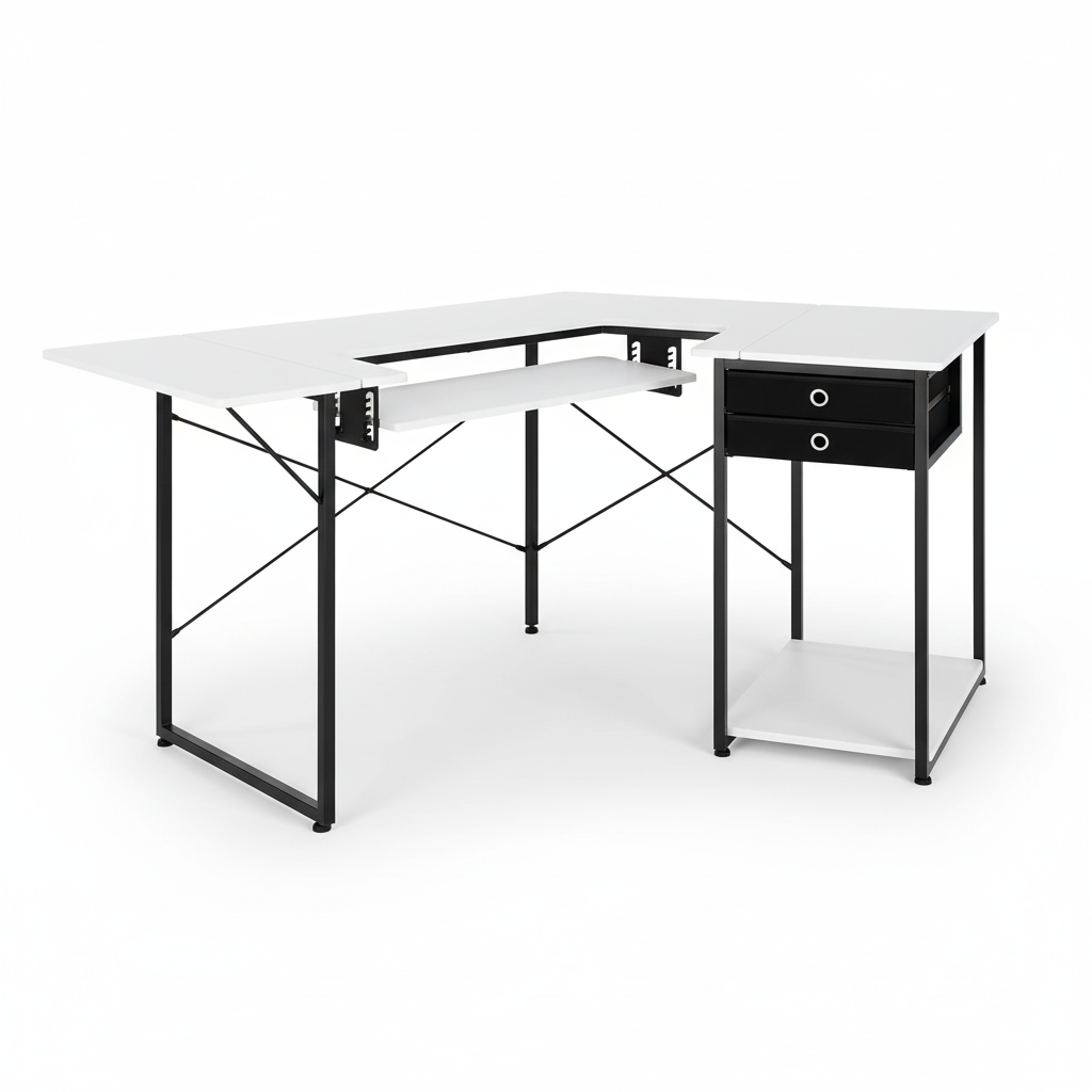 Multipurpose Sewing Table with Foldable Shelf & Adjustable Height - White