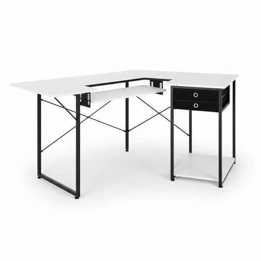 Multipurpose Sewing Table with Foldable Shelf & Adjustable Height - White